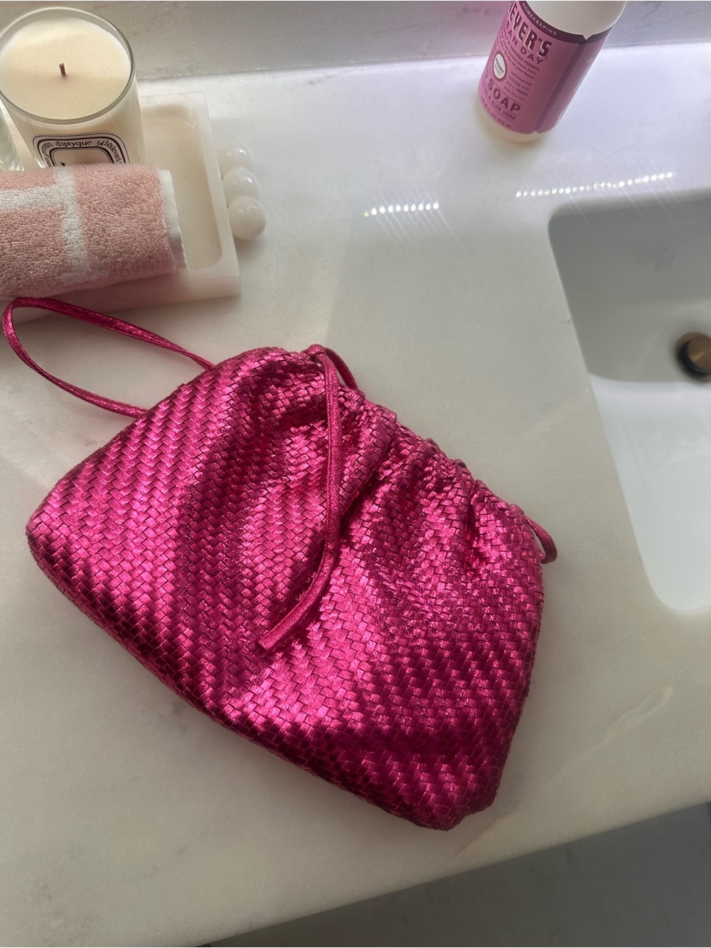 Anthropologie Hot Pink Woven Satin Drawstring Clutch